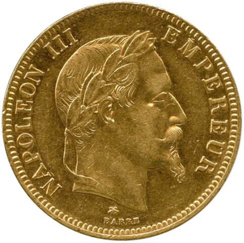 ナポレオン3世 100フラン金貨 月桂冠 1864年