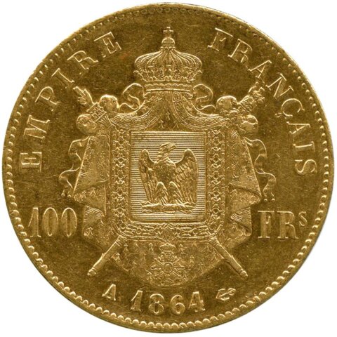 ナポレオン3世 100フラン金貨 月桂冠 1864年