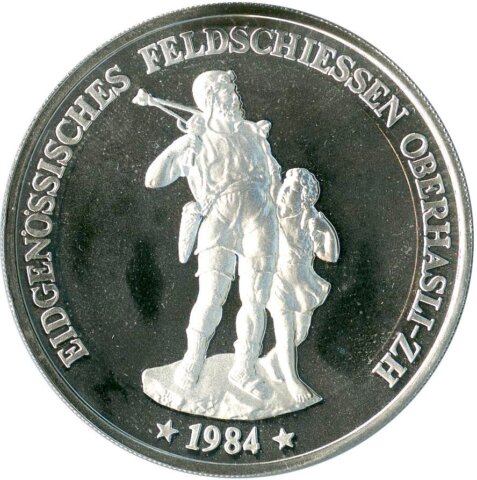 オーバーハスリ 現代射撃祭 50フラン銀貨 1984年