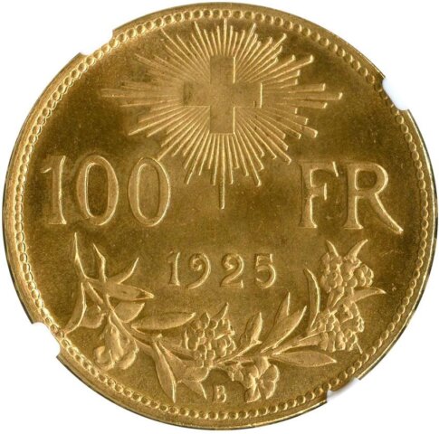 アルプスの少女ブレネリ 100フラン金貨 1925年