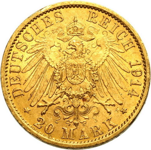 ヴィルヘルム2世 プロイセン 20マルク金貨 1914年