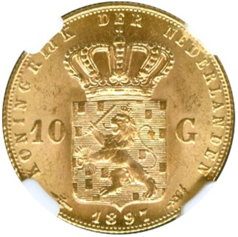 ウィルヘルミナ1世 10ギルダー金貨 1897年