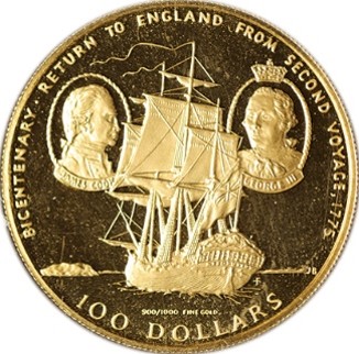 クック諸島 エリザベス2世 ジョージ3世とジェームズ・クック帆船図 100ドル金貨 1975年