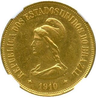 ブラジル 自由の女神 20,000レイス金貨 1910年