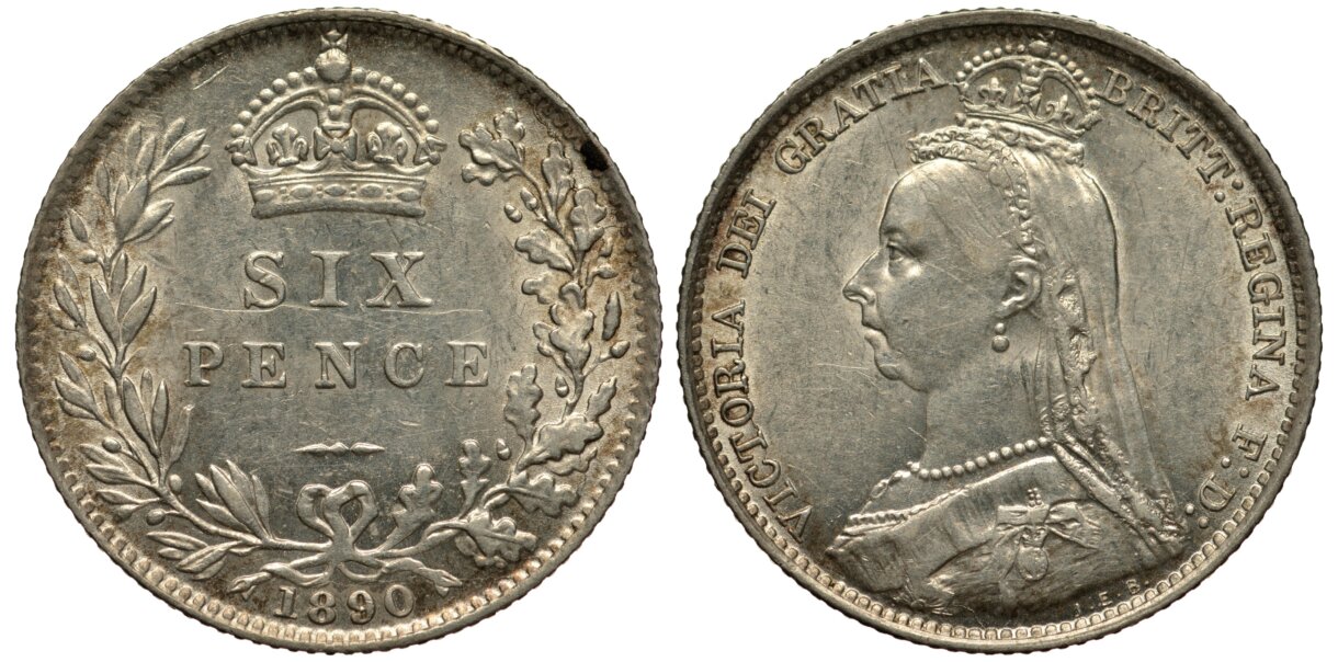 ヴィクトリア女王 6ペンス銀貨 1890年