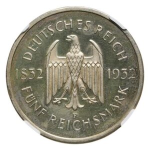 ドイツ ワイマール共和国 5マルク銀貨 1932(F) ゲーテ死去100年記念 Dav-974 KM-77 NGC PF62 CAMEO(Proof  AU/UNC) | コインライブラリー・プリンシパル