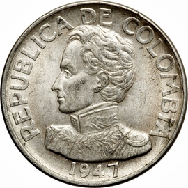 コロンビア シモン・ボリバル 50センターボ銀貨 1947年