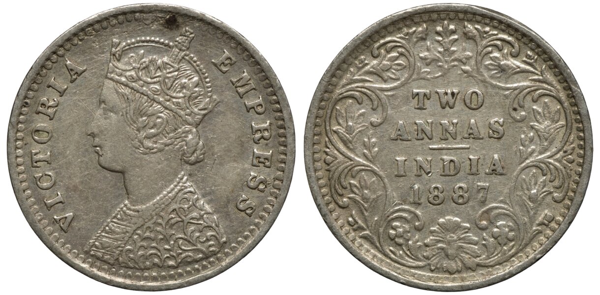 英領インド ヴィクトリア 2アンナ銀貨 1887年