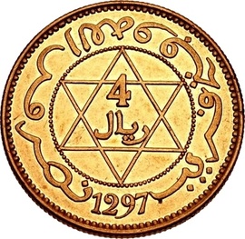 モロッコ ムーレイ アル ハサン 1世 4リアル金貨 1880年