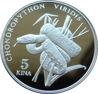 パプアニューギニア ミドリニシキヘビ 5キナ銀貨 1998年