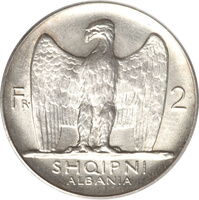 アルバニア 第一共和国 2フランガ・アリ銀貨 1926年