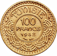 チュニジア アフマド2世 100フラン金貨 1932年 