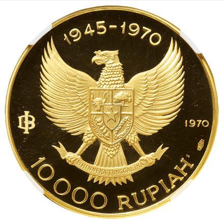 インドネシア ジャワダンサー 独立25年記念 10000ルピア金貨 1970年