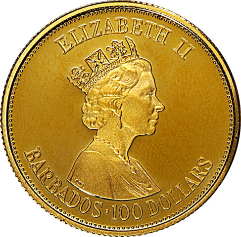 バルバドス エリザベス2世 議会創立350周年 100ドル金貨 1989年