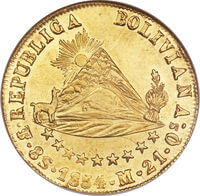 ボリビア シモン・ボリバル 8スクード金貨 1854年