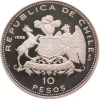チリ 解放艦隊到着 10ペソ銀貨 1968年