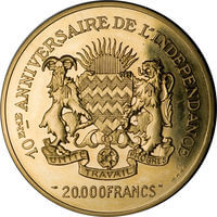 チャド フランソワ・トンバルバイ 20,000フラン金貨 1970年