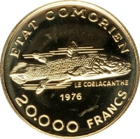 コモロ諸島 サイード・モハメド・シェイク シーラカンス 20,000フラン金貨 1976年