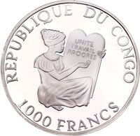 コンゴ共和国 コウノトリ 1,000CFAフラン銀貨 2000年