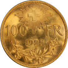 アルプスの少女ブレネリ 100フラン金貨 1925年